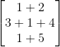 \begin{bmatrix} 1+2\\ 3+1+4\\ 1+5 \end{bmatrix}