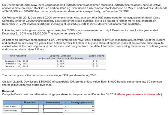 On December 31, 2017, Dow Steel Corporation had 600,000 shares of common stock and 300,000 shares of 8%, noncumulative, nonco
