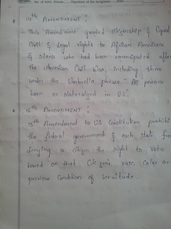 VAN No. of Addl. Sheets.........Signature of the Invigilator........Date.. 14th AMENDMENT This Amendment granted citizenship