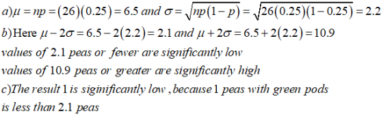 a) np-( - b)Here μ-20-65_2(2.2):: 2.1 and μ +20-65+2(2.2)-10.9 values of 2.1 peas or fever are significantly low values of 10.9 peas or greater are significantly high c)The result 1 is siginificantly low,because 1 peas with green pods is less than 2.1 peas (26)(0.25)-65 and σ-yWr(i-P) 26(0.25)(1-0.25) 2.2