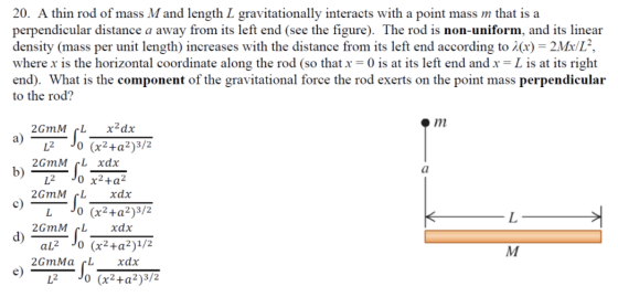 20. A thin rod of mass M and length L gravitationally interacts with a point mass m that is a perpendicular distance a away f
