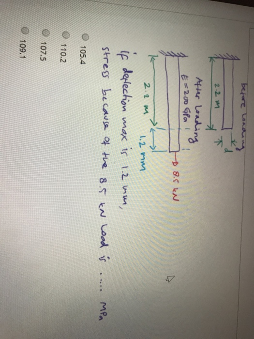 before load 2.2 m After loading E = 200 GPa I 8.5 IN > 7 2.2 m 1.2 mm if deflection max is 1.2 mm stress because of the 8.5 k