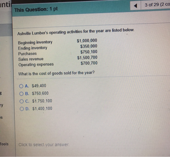 anti 3 of 29 (2 co This Question: 1 pt Ashville Lumbers operating activities for the year are listed below. Beginning invent