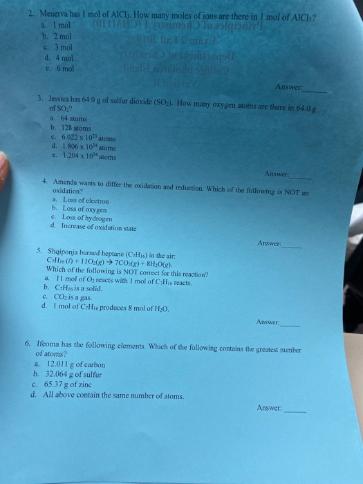 2. Menerva has 1 mol of AICI. How many moles of ions are there in 1 mol of AICI:? a. I mol i mo 10 lat b. 2 mol miza c. 3 mol