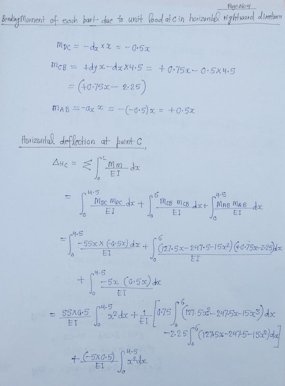 Page No.4 Bending Moment of each bart due to unit load al e in horizontal rightward directions Moc = -da X X = a - dac X k =