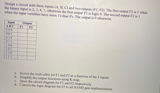 Design a circuit with three inputs (A, B, C) and two outputs (F1, F2). The first output F1 is 1 when the binary input is 2, 3