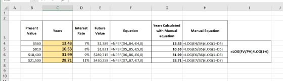 в с D E Present Value Years Interest Rate Future Value Equation Years Calculated with Manual equation Manual Equation 7% $560