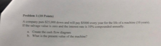 Problem 1:(10 Points) A company puts $25.000 down and will pay $5000 en wear for the life of a machine (10 years If the salva