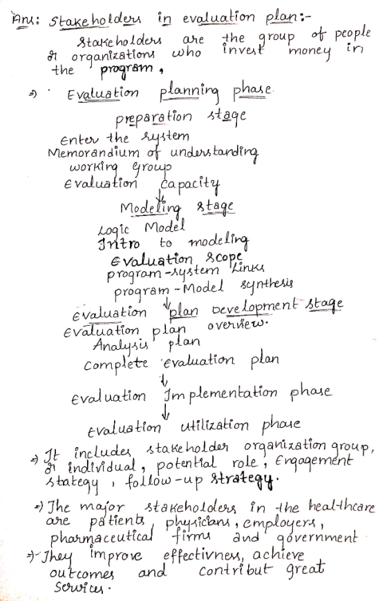 Evaluation scopurus Ans: Stakeholders in evaluation plan:- Stakke holders are the group of people of organizations who invest