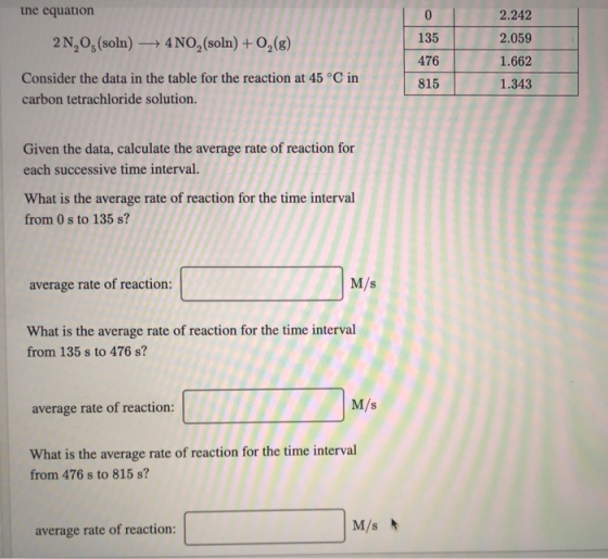 the equation 135 2N, O, (soln) 4NO, (soln) + 02 (8) 2.242 2.059 1.662 1.343 Consider the data in the table for the reaction a