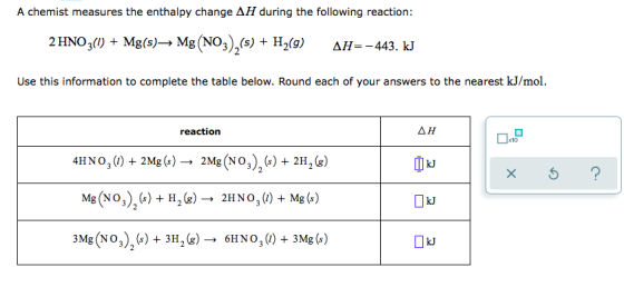 A chemist measures the enthalpy change AH during the following reaction: 2 HNO3(1) + Mg(s) Mg(NO3),(s) + H2(9) AH=-443. kJ Us