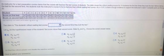 An instructor for a test preparation course claims that the course will improve the test scores of students. The table shows