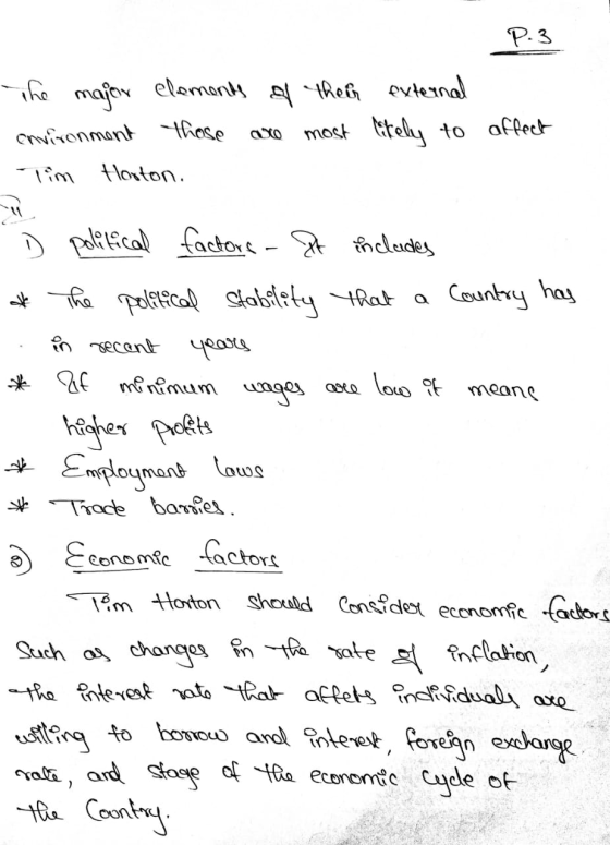 P.3 The major elements of their external environment those axo most litely to affect Tim Horton. Country has in recent means