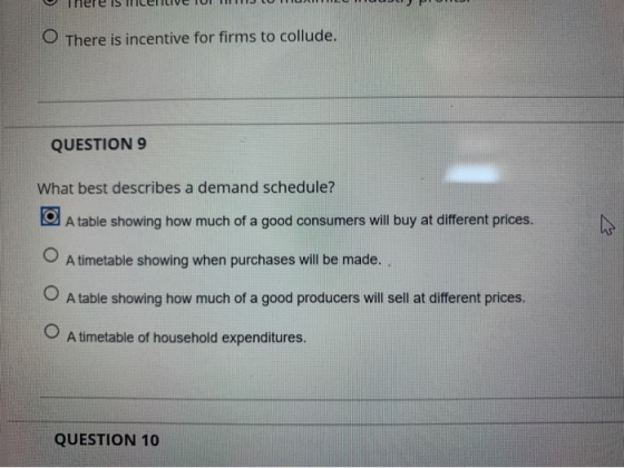 O There is incentive for firms to collude. QUESTION 9 What best describes a demand schedule? A table showing how much of a go