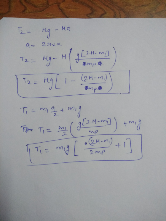 T2 = Ma Q = mg 2rxa [2Mom M 1 g ampa (2M-mi) ampa T2 = Mg- T2 = Mg [ g[24 Ti = mia + mig To Ti= mi g[2M-mi]) +mig (2M-mi) IT