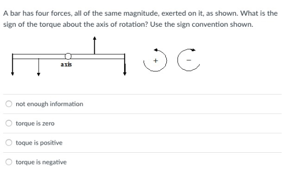 A bar has four forces, all of the same magnitude, exerted on it, as shown. What is the sign of the torque about the axis of rotation? Use the sign convention shown. axis O not enough information O torque is zero O toque is positive Otorque is negative