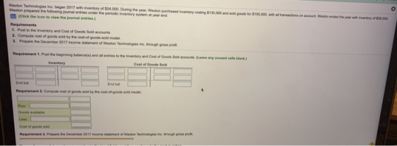 Weston Technologies Inc began 2017 with inventory of $24000 During the year. Weston purchased intory conting $130 000 and sol