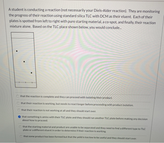 A student is conducting a reaction (not necessarily your Diels-Alder reaction). They are monitoring the progress of their rea