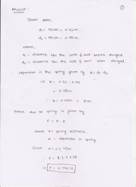 Given data where dy-distance blothe pole bal, before charged d2 distence bw the pole batl after ed iven Expansion in the spi Force due tprin is aiven where K spring stiffness 2eExpansion in Spin iven Ka 22 m