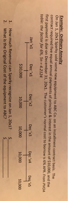 Example: Ordinary Annuity On Jan 1, 20x1 Sparky sold some new equipment to ABC Co. on an installment contract basis. The cont
