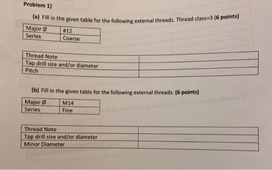 Problem 1) (a) Fill in the given table for the following external threads. e following external threads. Thread class=3 (6 po