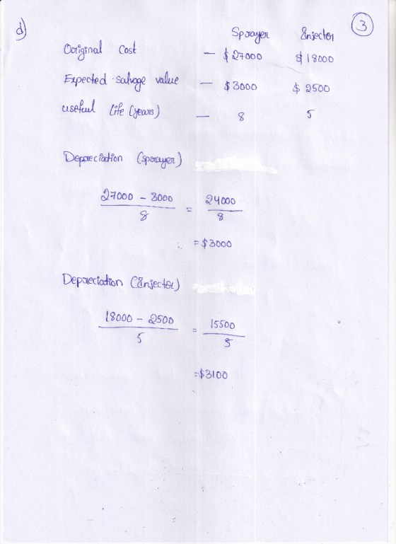 Sprayer $ 27000 Enjector $ 18000 Original Expected useful cost saluge value life (years) $ 2500 - $3000 - $ Depreciation (spa