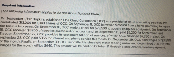 Required information [The following information applies to the questions displayed below On September 1, Pat Hopkins established Ona Cloud Corporation (OCC) as a provider of cloud computing services. Pat contributed $13,000 for 1,300 shares of OCC. On September 8, OCC borrowed $26,500 from a bank, promising to repay the bank in two years. On September 10, OCC wrote a check for $29.500 to acquire computer equipment. On September C received $1,800 of supplies purchased on account and, on September 16, paid $2,200 for September Through September 22, OCC provided its customers $8.550 of services, of which OCC collected $7650 in cash. On September 28, OCC paid $365 for Internet and phone service this month. On September 29, OCC paid or the month. Finally, on September 30, OC harges for the month will be $640. This amount will be paid on October 14 through a preauthorized online payment C submitted its electricity meter reading online and determined that the total