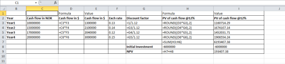 C1 В D G Formula Cash flow in $ Value Formula PV of cash flow @12% =ROUND ( (D3*G3),2) =ROUND((D4*G4), 2) =ROUND((D5*G5), 2)