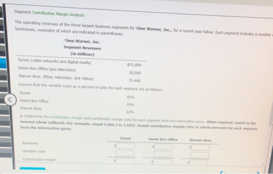 Segment Contribution Margin Analysis The operating revenues of the three largest business segments for Time Warner, Inc., for