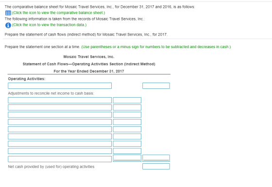 The comparative balance sheet for Mosaic Travel Services, Inc., for December 31, 2017 and 2016, is as follows: E(Click the ic