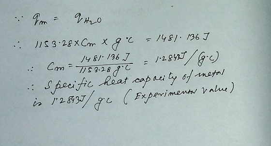 & Im = VH2O . 1153.28x Cm x gec - 1481. 136 I 1481-136 J. J•28427/GC) Cm=1153.28 gel = Specific heat capacity of metal is 128