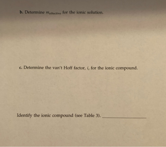 b. Determine meffective for the ionic solution. c. Determine the vant Hoff factor, i, for the ionic compound. Identify the i