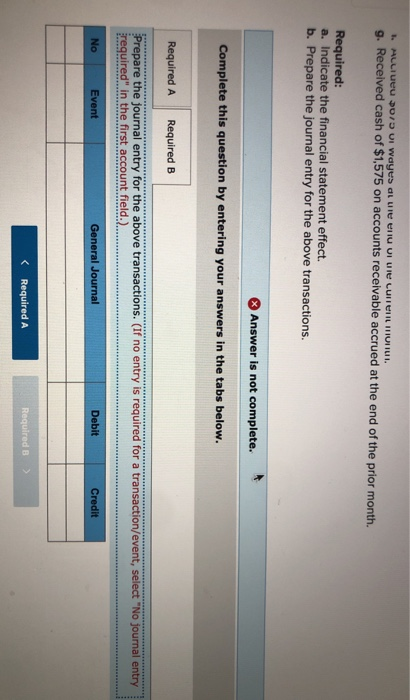 1. Allieu 0/5 UI Wayes al uie en UI UE LUITEN HOIUI. g. Received cash of $1,575 on accounts receivable accrued at the end of