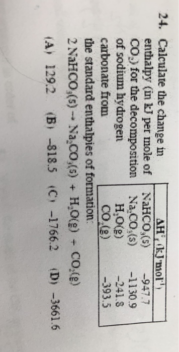 24. Calculate the change in AH kJ mol enthalpy (in J per mole of NaHCO (5) -947.7 CO) for the decomposition Na.co.(s) -1130.9