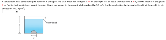 A vertical dam has a semicircular gate as shown in the figure. The total depth d of the figure is 14 m, the height h of air a