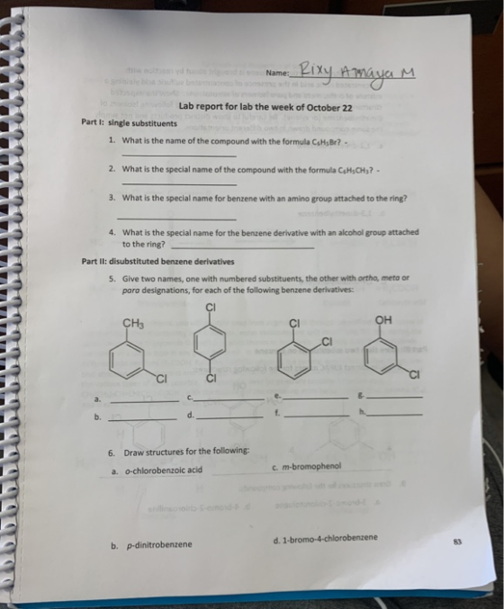 Liy myas iw nolt yd fuods Name: anibia blsu base loro o done Part I: single substituents Lab report for lab the week of Octob