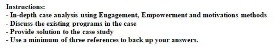 Instructions: -In-depth case analysis using Engagement, Empowerment and motivations methods - Discuss the existing programs i