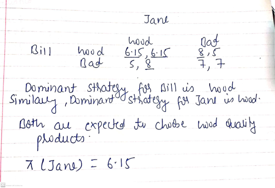 Jane Bill hood Bad hood 6:15,6:15 Bad 8,5 7,7 5,8 ノ Dominant Sthategy fief oil is nood , Dominantºu strategy fol Jane is load