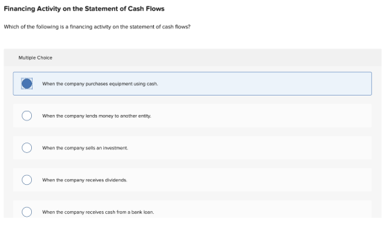 Financing Activity on the Statement of Cash Flows Which of the following is a financing activity on the statement of cash flo