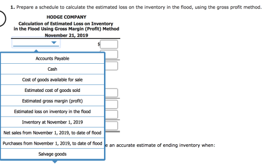 1. Prepare a schedule to calculate the estimated loss on the inventory in the flood, using the gross profit method. HODGE COM