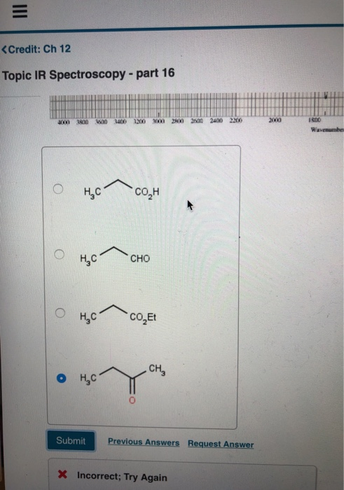 <Credit: Ch 12 Topic IR Spectroscopy - part 16 an at woo Заго гоо з 20 20 20 20 оң,с сон оң,с сно О ңссо,E о *н Submit Previo