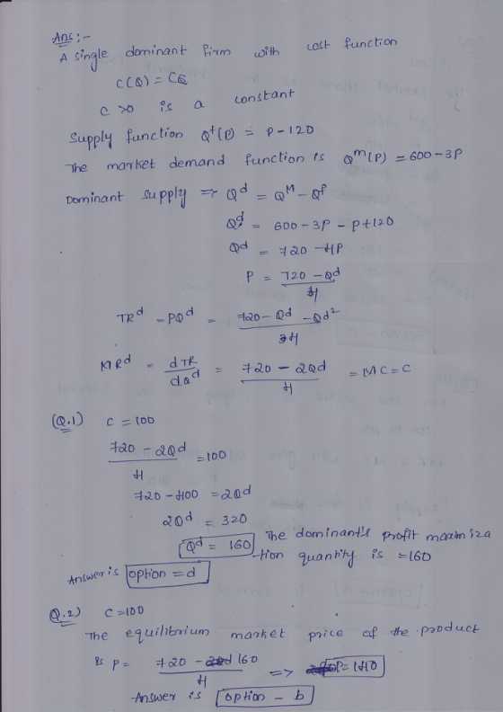 single dominant Pim with Supply fanctionp12D The manket demand function ts mP)60o-3 P Dominant Su ppląd 2. dH The dominant pyofitmarm 52 a Aniw 2) -100 e.q uilibri um manket price