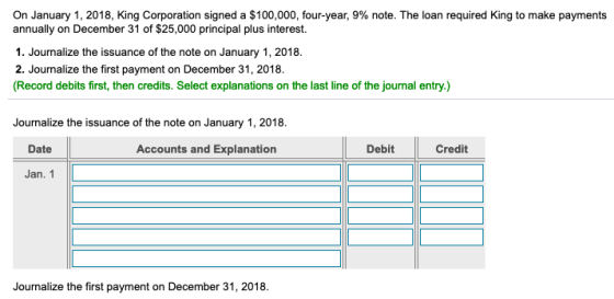 On January 1, 2018, King Corporation signed a $100,000, four-year, 9% note. The loan required King to make payments annually