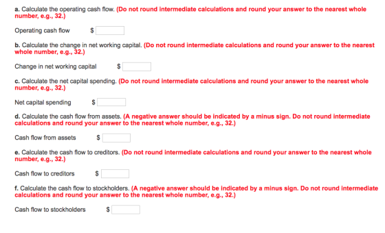 a. Calculate the operating cash flow. (Dnot round intermediate calculations and round your answer to the nearest whole number, e.g., 32.) Operating cash flow b. Calculate the change in net working capital. (Do not round intermediate calculations and round your answer to the nearest whole number, e.g., 32.) Change in net working capta c. Calculate the net capital spending. (Do not round intermediate calculations and round your answer to the nearest whole number, e.g., 32.) Net capital spending d. Calculate the cash flow from assets. (A negative answer should be indicated by a minus sign. Do not round intermediate calculations and round your answer to the nearest whole number, e.g., 32.) Cash flow from assets e. Calculate the cash flow to creditors. (Do not round intermediate calculations and round your answer to the nearest whole number, e.g., 32.) Cash flow to creditors f. Calculate the cash flow to stockholders. (A negative answer should be indicated by a minus sign. Do not round intermediate calculations and round your answer to the nearest whole number, e.g., 32.) Cash flow to stockholders $