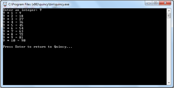 CAProgram Files (x86)lquincylbinlquincy.exe nter an integer: 9 Press Enter to return to Quincy...