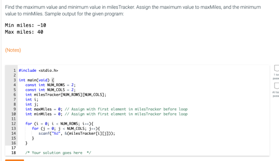 Find the maximum value and minimum value in miles Tracker. Assign the maximum value to maxMiles, and the minimum value to min