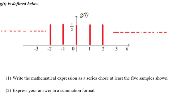 g(0) is defined below, g(t) 3 3 k (1) Write the mathematical expression as a series chose at least the five samples showin (2