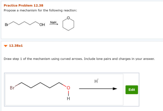 Practice Problem 12.38 Propose a mechanism for the following reaction: BrMV он OH Nah 12.38a1 Draw step 1 of the mechanism us