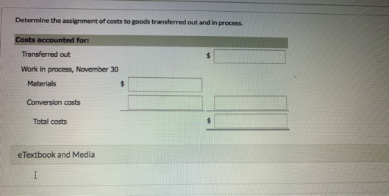 Determine the assignment of costs to goods transferred out and in process. Costs accounted for: Transferred out Work in proce