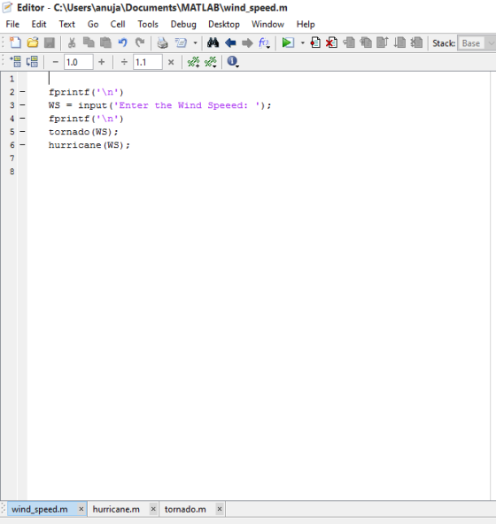 , Editor . CAUserslanujaDocumentsVMATLABIwind-speed.m File Edit Text Go Cell Tools Debug Desktop Window Help Stack: Base 36 9